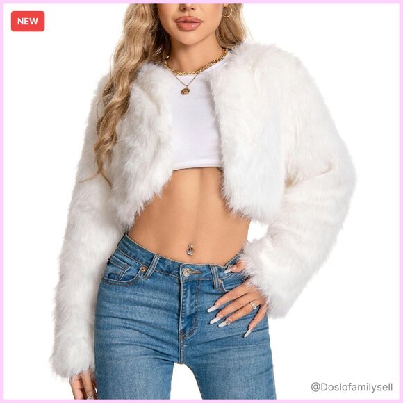 Cropped Faux Fur Jacket Fluffy Y2K Chic Winter Coat Long Sleeve